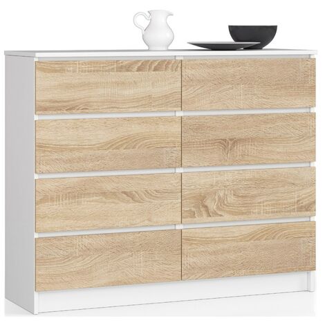 Kommode AKORD K120 Weiß 120 cm 8 Schubladen Front Sonoma-Eiche B120 x H99 x T40 cm