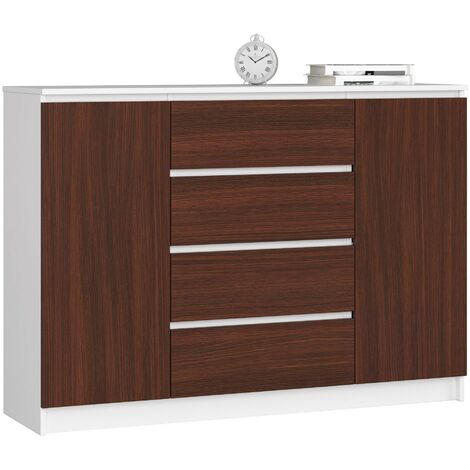 Kommode AKORD K140 Weiß 138 cm 2 Türen 4 Schubladen 4 Ebenen Front Wenge B138 x H99 x T40 cm