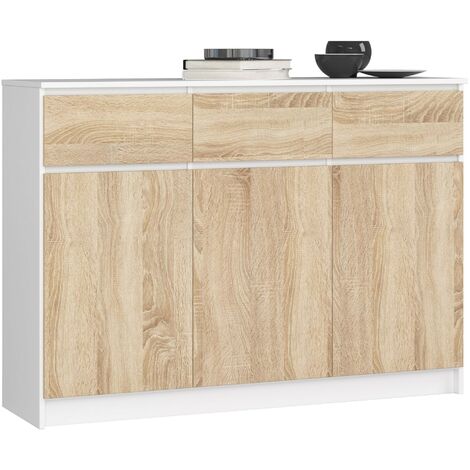 Kommode AKORD K140 Weiß 138 cm 3 Türen 3 Schubladen 6 Ebenen Front Sonoma-Eiche B138 x H99 x T40 cm