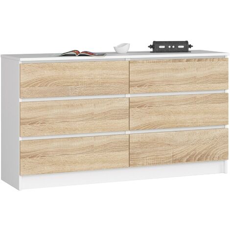 Kommode AKORD K140 Weiß 138 cm 6 Schubladen Front Sonoma-Eiche B138 x H77 x T40 cm