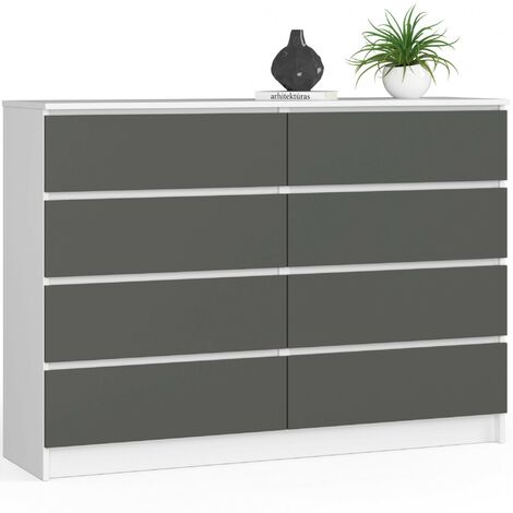 Kommode AKORD K140 Weiß 138 cm 8 Schubladen Front Graphitgrau B138 x H99 x T40 cm