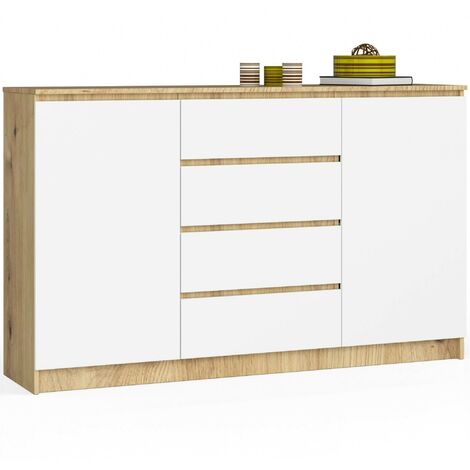 Kommode AKORD K160 Eiche Artisan 160 cm 2 Türen 4 Schubladen 4 Ebenen Front Weiß B160 x H99 x T40 cm