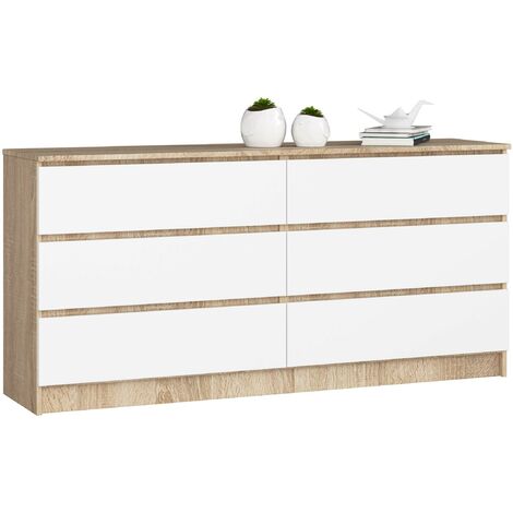 Kommode AKORD K160 Sonoma-Eiche 160 cm 6 Schubladen Front Weiß B160 x H77 x T40 cm