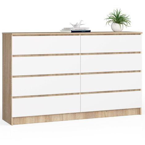 Kommode AKORD K160 Sonoma-Eiche 160 cm 8 Schubladen Front Weiß B160 x H99 x T40 cm