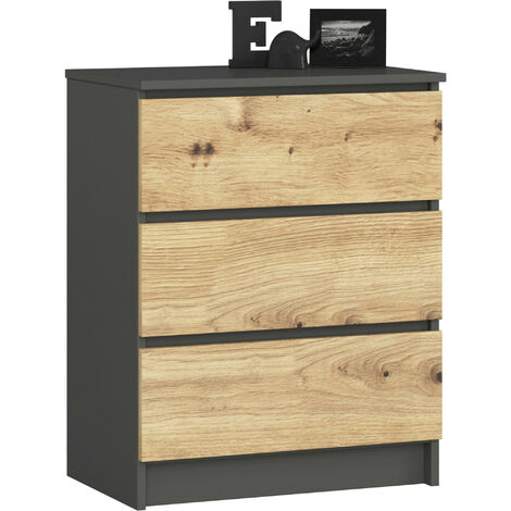Kommode AKORD K60 Graphitgrau 60 cm 3 Schubladen Front Eiche Artisan B60 x H77 x T40 cm