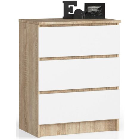 Kommode AKORD K60 Sonoma-Eiche 60 cm 3 Schubladen Front Weiß B60 x H77 x T40 cm