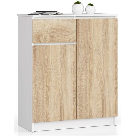 Kommode AKORD K80 Weiß 80 cm 2 Türen Schublade 4 Ebenen Front Sonoma-Eiche B80 x H99 x T40 cm