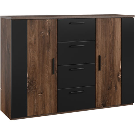 Kommode Alec mit 4 Schubladen und 2 Türen, Dunkles Holzoptik und Schwarz, 132cm