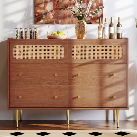 OKWISH Kommode Beistellschrank Sideboard Anrichte Schrank Rattan (Schubladenkommode mit 6 Schubladen aus Massivholz Holz Füße aus Metall), Wohnzimmer Schlafzimmer Flur Büro Esszimmer