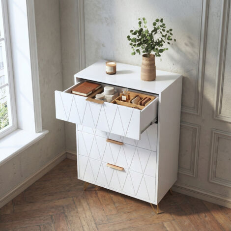 Kommode für Schlafzimmer aus Holz 60x34x90 cm, mit 4 Schubladen, Aufbewahrungsschrank, mit Kippschutz, Metallbeine, moderner leichter Luxus-Stil, Weiß