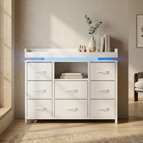 Kommode für Schlafzimmer mit 8 Schubladen, RGB-LED und Ladestation, Aufbewahrungsschrank 108x30x82 cm, aus Metall und Stoff, moderner industrieller Stil, Weiß