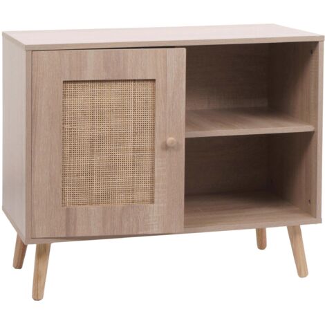 Kommode HHG-213, Schrank Sideboard Highboard, Staufach, Kubu Rattan Holz Melamin, 67x80x38cm Eiche-Optik
