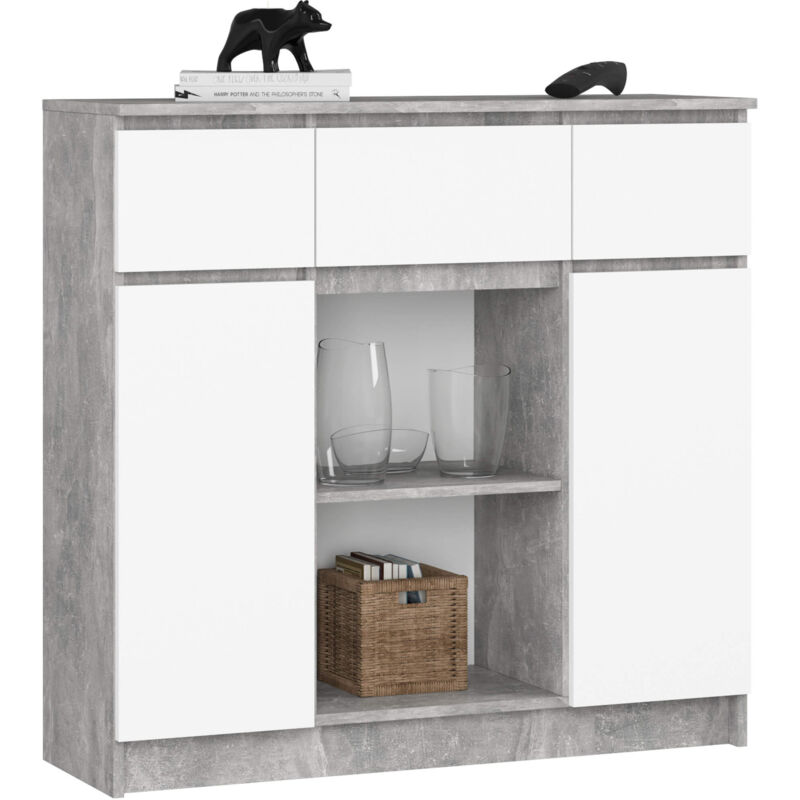 Akord Kommode K100 Beton 101 Cm 2 Türen 3 Schubladen Front Weiß 6 Regalböden B101xh98xt35 Cm