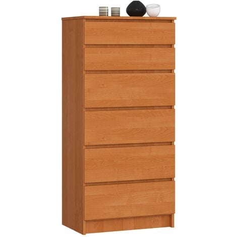 AKORD Kommode K60 mit 6 Schubladen | für das Wohnzimmer Schlafzimmer Schrank Büro Arbeitszimmer | Modernes Funktionales Design | B60 x H130 x T40 cm, Gewicht 43kg | Erle