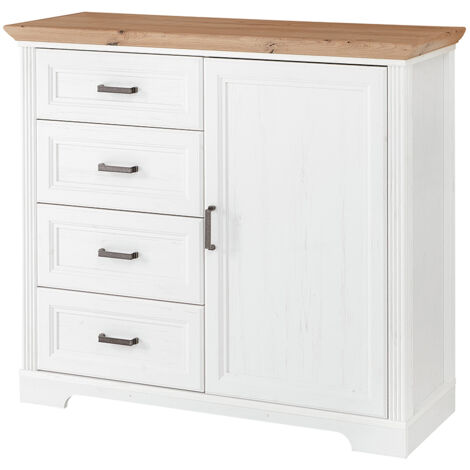 Kommode Landhausstil mit 4 Schubkästen JÜLICH-36 in Pinie weiß Nb. mit Artisan Eiche Nb., B/H/T ca. 115/102/41 cm