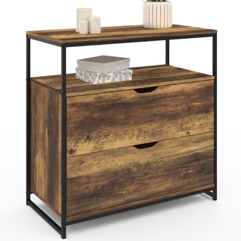 Kommode mit 2 Schubladen HAWKINS 80 cm dunkles Holz Industriedesign mit Regal