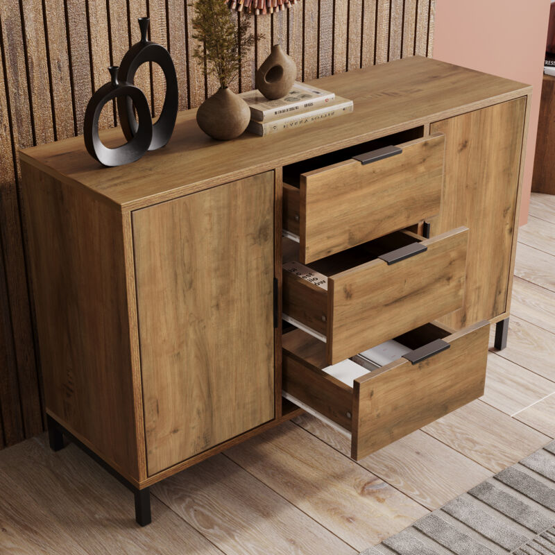 Stilvora Kommode Mit 2 Türen Und 3 Schubladen Mit Verstellbarem Einlegeboden, Industriestil, Dunkle Eiche, 120×40×76 Cm
