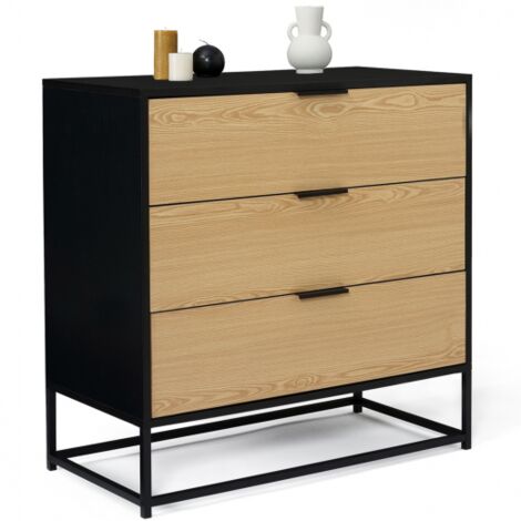Kommode mit 3 Schubladen NEVADA 80 cm schwarz und Holz Industriedesign