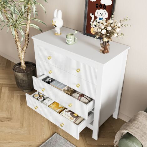 Kommode mit 5 Schubladen, Strukturfronten und Goldgriffen, Elegantes Design, aus Spanplatte, Weiß, 80,5×39,5×79 cm