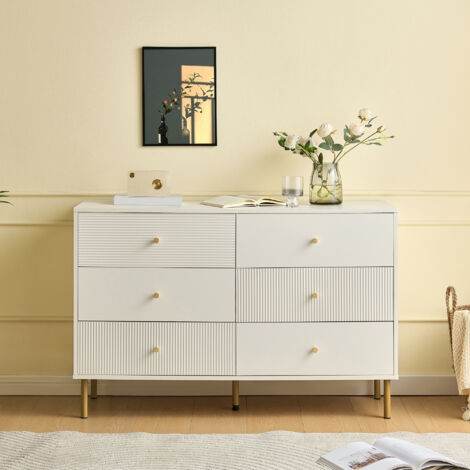Kommode mit 6 Schubladen – 120 x 40 x 78 cm – mit Griffen aus Zinklegierung und Füßen aus Stahl – MDF – Weiß