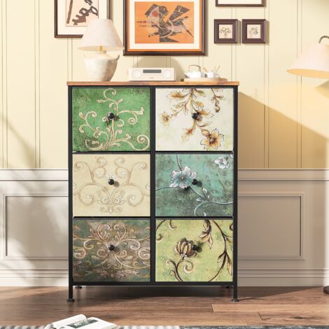 Kommode mit 6 Stoffschubladen – 68 x 30 x 87 cm – mit Retro-Blumenmustern, robustem Metallrahmen und Holzplatte – Vintage-Stil
