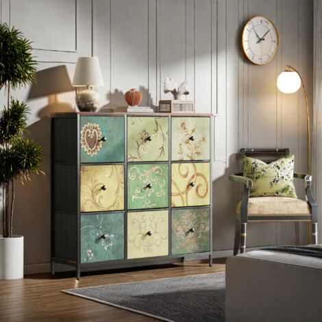 Kommode mit 9 Schubladen Komodenschrank für Schlafzimmer Industrieller Schubladenschrank Stoffkommode Metallrahmen Holzoberfläche , Retro-Design