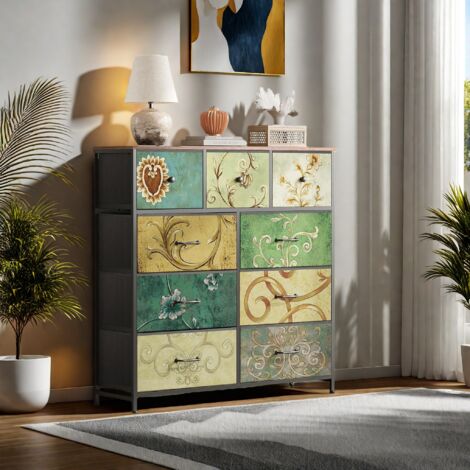 Kommode mit 9 Schubladen Komodenschrank für Schlafzimmer Industrieller Schubladenschrank Stoffkommode Metallrahmen Holzoberfläche Stoffschubladen, Retro-Design