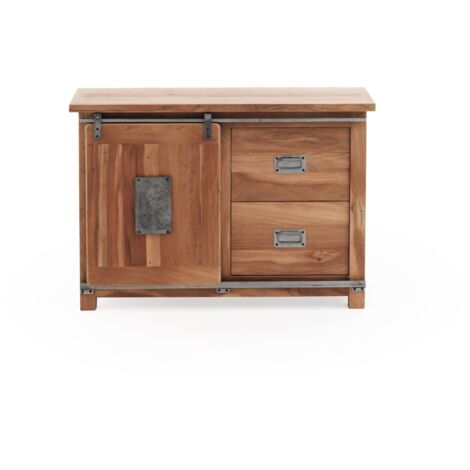Kommode mit einer Schiebetür und zwei Schubladen aus massivem, recyceltem Akazienholz mit Holzbeinen.