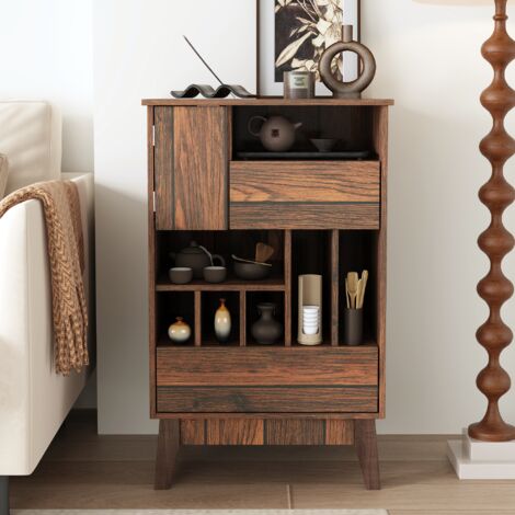 Kommode mit Flaschenfächern und Türfach, Dunkelholz, MDF, 80×50×40cm