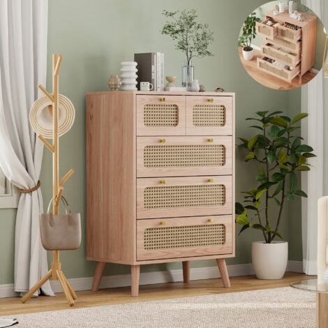 Kommode mit Holzeffekt und Rattan-Geflecht 5 Schubladen, Holzgriffen und -füßen, Schlafzimmerkommode, Nordischer Stil, 60 x 34 x 91 cm, Naturholzfarbe