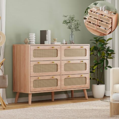 Kommode mit Holzeffekt und Rattan-Geflecht 6 Schubladen, Holzgriffen und -füßen, Nordischer Stil, 100 x 34 x 73 cm, Naturholzfarbe