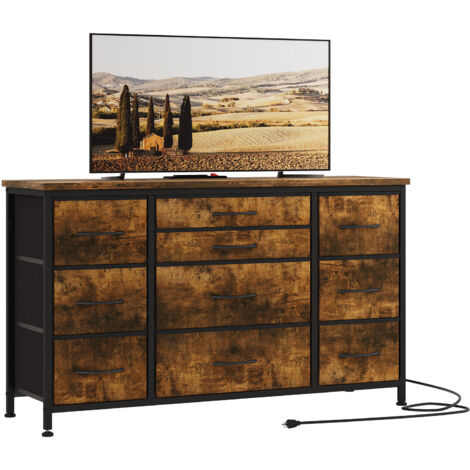 Kommode Mit Schubladen Aus Stoff, TV-Schrank Mit 10 Stoffschubladen & 3 Steckdose, Komodenschrank Wohnzimmer, Sideboard Flur, 121x39x70 cm,Braun