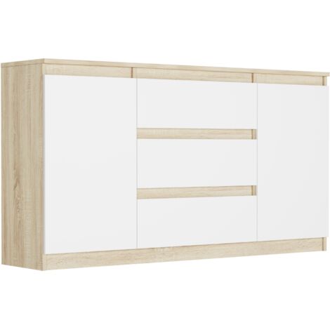Kommode mit Schubladen und Schränken Sonoma Mix Weiß, 140 x 40 x 76 cm - Modern R140S3