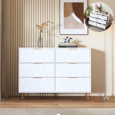 Kommode mit sechs Schubladen, moderner Stil, goldene Beine und Griffe, Schlafzimmermöbel, weiß, 100 x 34 x 72,5 cm