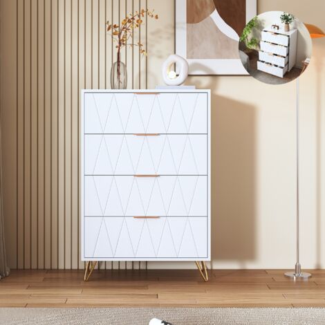 Kommode mit vier Schubladen, moderner Stil, goldene Beine und Griffe, Schlafzimmermöbel, weiß, 60 x 34 x 91 cm