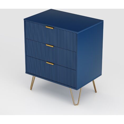 Kommode, Rechteckige, mit 3 Aufbewahrungsschubladen, Streifen-Design, Metallfüße, modernes Ästhetik, Wohnzimmermöbel aus Holz - Blau
