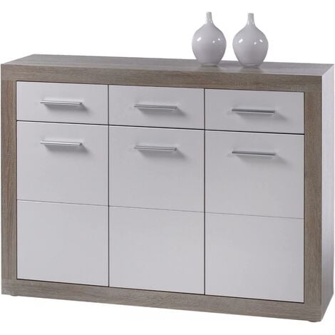 BEGA CONSULT Kommode Sideboard Beistellkommode Eiche Sägerau / Hochglanz weiss ca. 117 cm b...