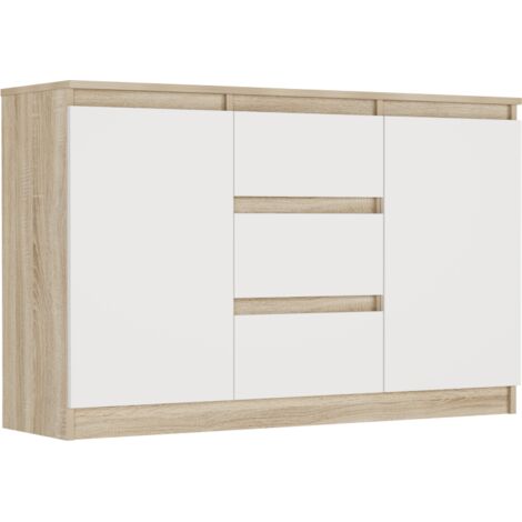 Kommode Sonoma/Weiß, 120x33x76 cm - R-120-S3 mit 3 Schubladen