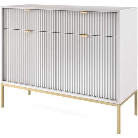 Kommode Zweitürige 100 cm Galla - Sideboard mit Schubladen - Beinen, geriffelten Fronten & goldene Griffe (Grau + Gold)