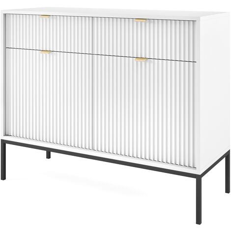 Kommode Zweitürige 100 cm Galla - Sideboard mit Schubladen - Beinen, geriffelten Fronten & goldene Griffe (Weiß + Schwarz)