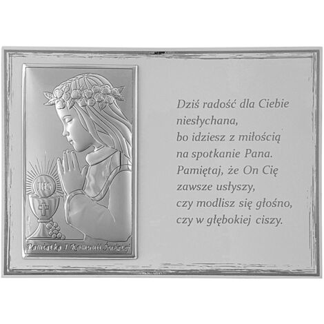 Kommunionbild in Silber mit Gravur - Erinnerung an die Erstkommunion für einen Jungen  Größe: 18x13 cm  Farbe: Weiß  Artikelnummer: VL821/4BI/S