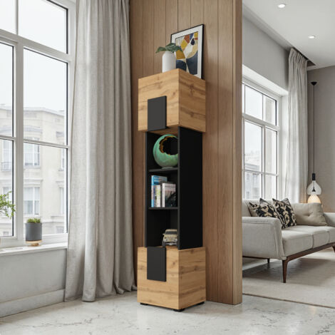 Komodee, Armoire Torino, Noir, Chêne Wotan, Largeur 39 cm x Hauteur 172 cm x Profondeur 35 cm, pour Salon, Chambre à coucher