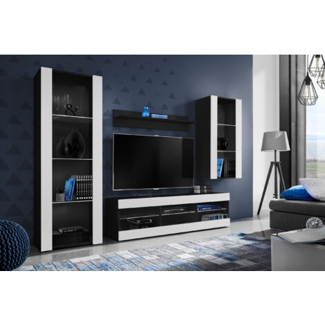 Komodee Ensemble de Meubles Tivoli Medio, Noir/Blanc, Largeur 245cm x Hauteur 159cm x Profondeur 35cm, sans LED, 3 étagères, pour Salon, Chambre, Entrée