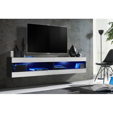 Komodee, Ensemble de Meubles Tivoli SET4,Noir/Blanc, Largeur 200cm x Hauteur 41 cm x Profondeur 35 cm, LED Bleu, pour Salon, Chambre à coucher