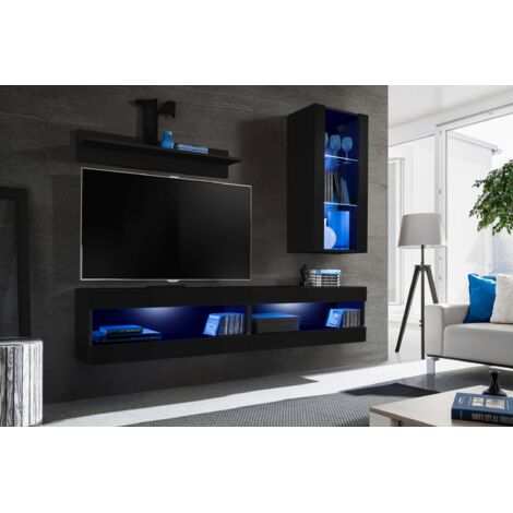 Komodee, Ensemble de Meubles Tivoli SET5,Noir/Noir, Largeur 200cm x Hauteur 195 cm x Profondeur 35 cm, LED Bleu, pour Salon, Chambre à coucher