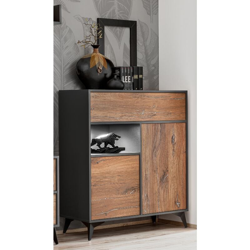 Commode Buffet Orvieto 3D, Chêne/Anthracite, Largeur 100cm x Hauteur 113,5cm x Profondeur 40cm, led, pour Salon ‎, Chambre ‎ - Komodee
