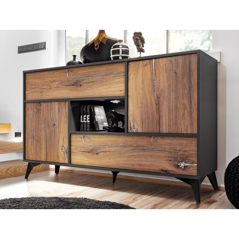 Commode Buffet Orvieto 4D, Chêne/Anthracite, Largeur 89cm x Hauteur 149,5cm x Profondeur 40cm, led, pour Salon ‎, Chambre - Komodee