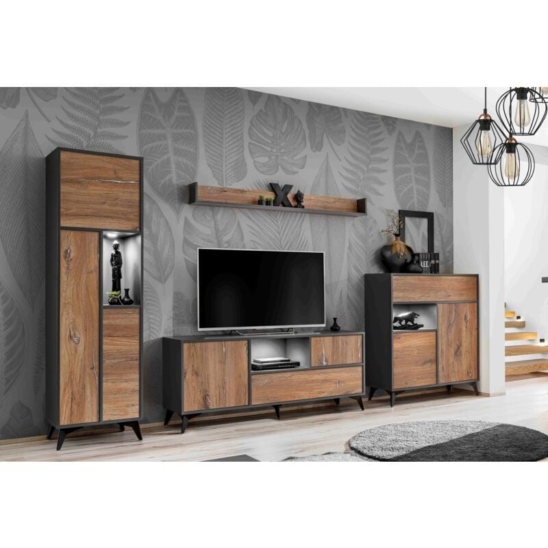 Ensembles de Meubles Orvieto Set rtv, Chêne/Anthracite, Largeur 350cm x Hauteur 187cm x Profondeur 40cm, led, pour Salon - Komodee