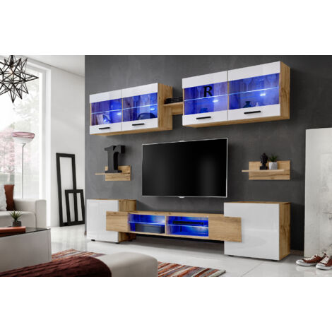 Komodee, Ensembles de Meubles RTV Foggia, Façade Brillant Blanc/Corps Wotan Mat, Largeur 230cm x Hauteur 195cm x Profondeur 35cm, sans LED, pour Salon, Chambre