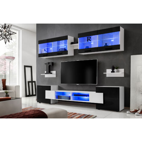 Komodee, Ensembles de Meubles RTV Foggia, Façade Brillant Noir/Corps Blanc Mat, Largeur 230cm x Hauteur 195cm x Profondeur 35cm, sans LED, pour Salon, Chambre